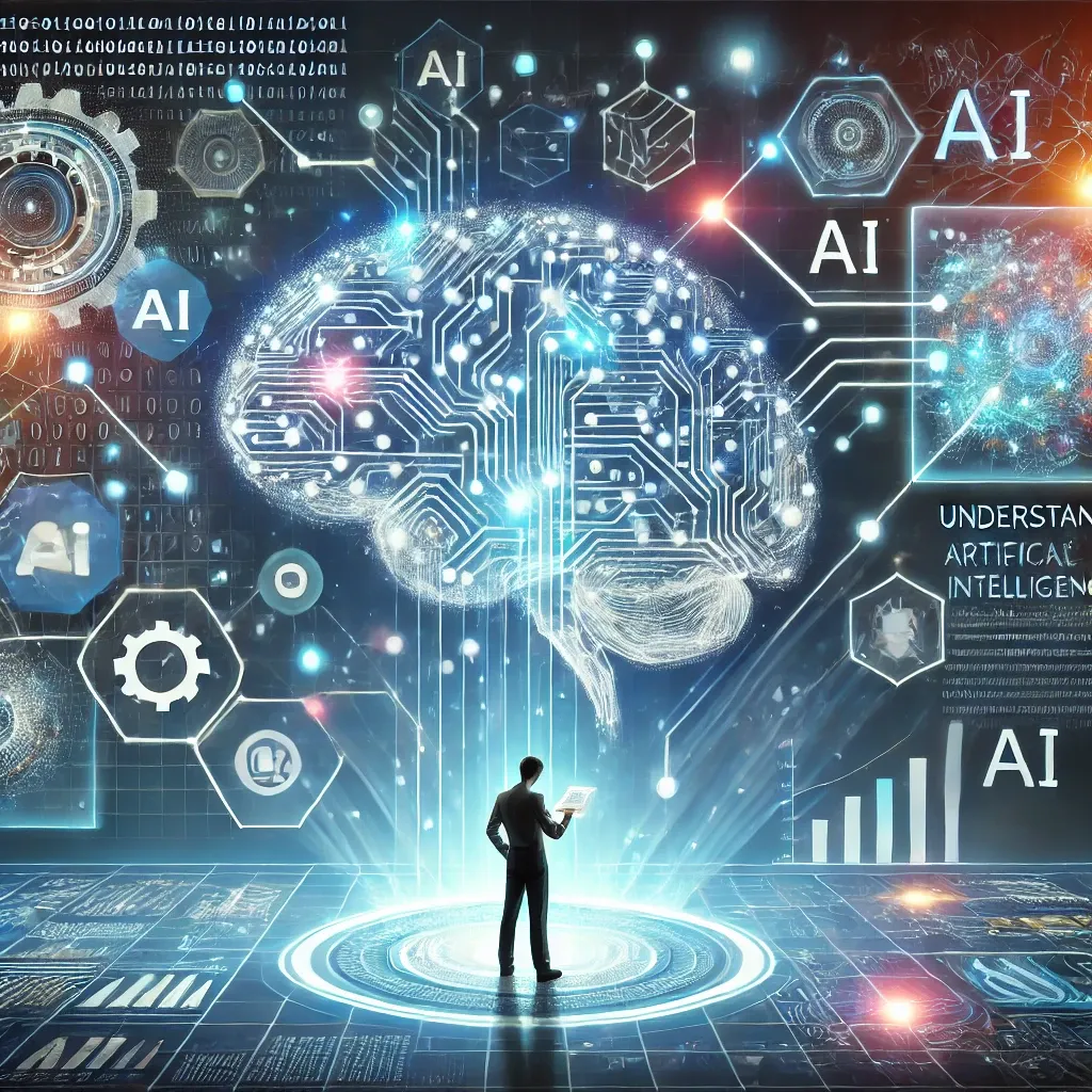 Digital illustration of a human brain made of circuits and glowing neural networks, with a person analyzing data, symbolizing