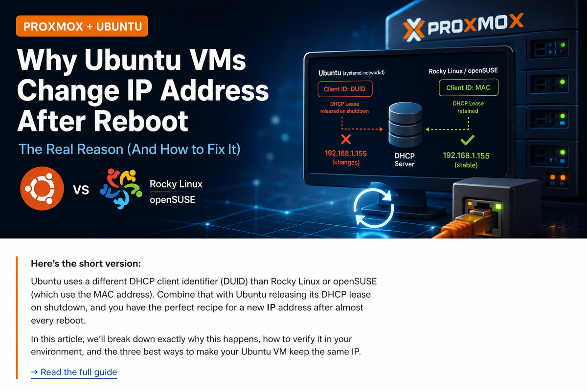 Ubuntu and Proxmox illustration showing why Ubuntu VMs receive different DHCP IP addresses after reboot compared to Rocky Linux using DUID vs MAC identification.