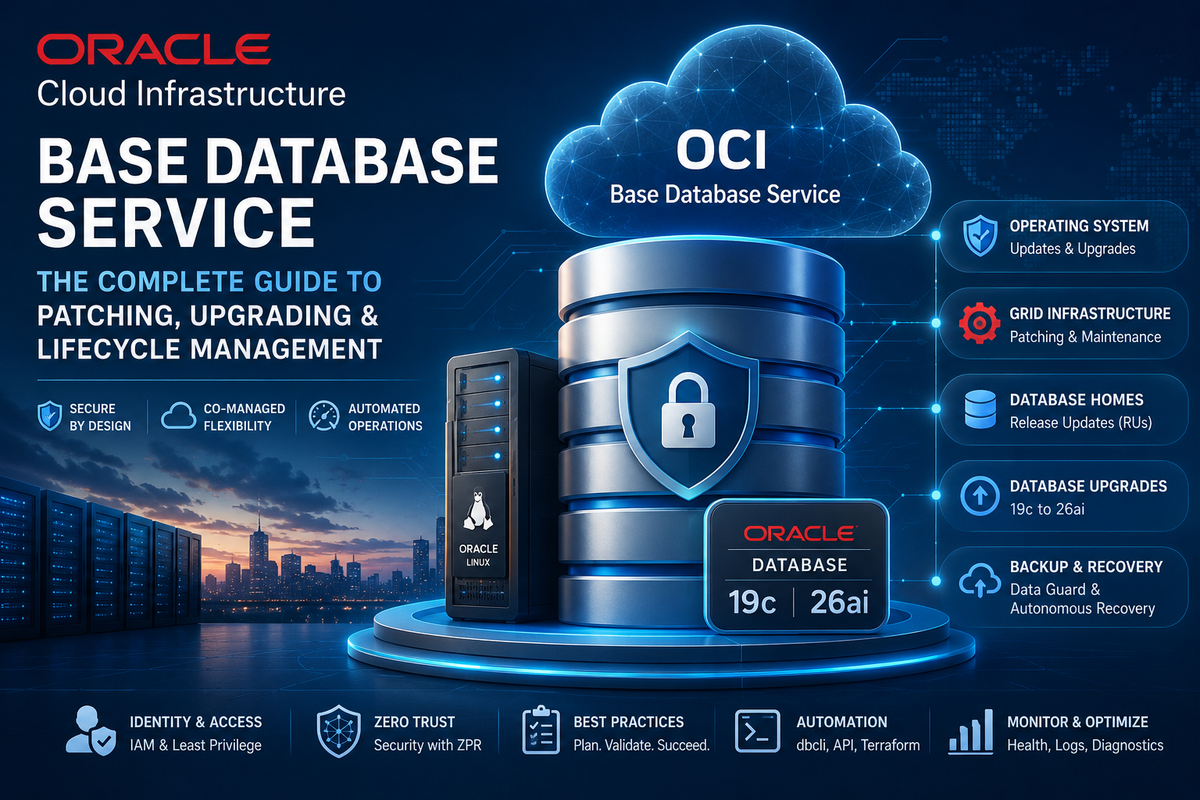 3D illustration of OCI Base Database Service architecture showing OS updates, Grid Infrastructure maintenance, database upgrades from 19c to 26ai, and backup recovery.