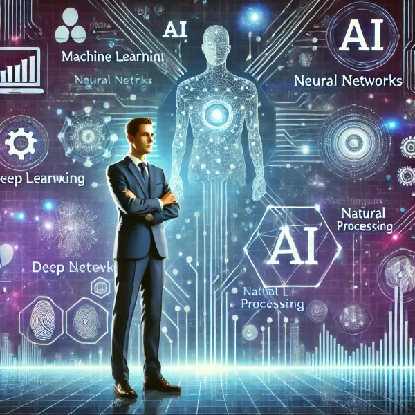 Illustration of an IT manager surrounded by AI buzzwords like machine learning, neural networks, and deep learning, symbolizi
