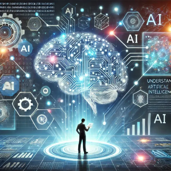 Digital illustration of a human brain made of circuits and glowing neural networks, with a person analyzing data, symbolizing