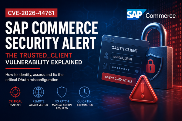 Illustration of the SAP Commerce CVE-2026-44761 vulnerability involving the default trusted_client OAuth client credentials.