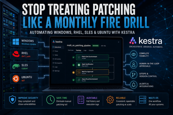 Dashboard illustrating automated enterprise patch management using Kestra to orchestrate  patching workflows with approval gates, monitoring, and GitOps automation.
