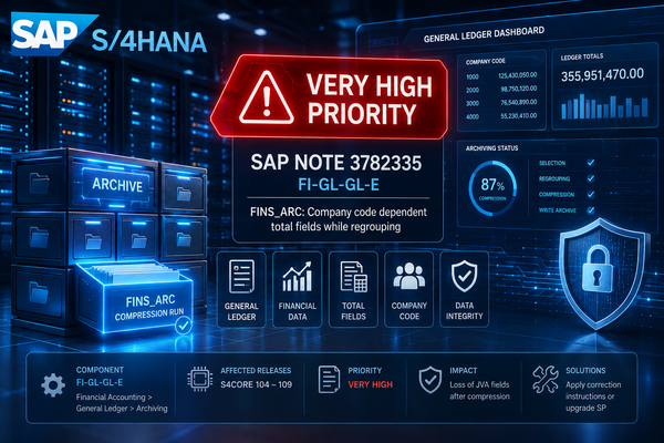 SAP S/4HANA General Ledger archiving with a Very High priority security and reliability alert for SAP Note 3782335 affecting FINS_ARC compression.