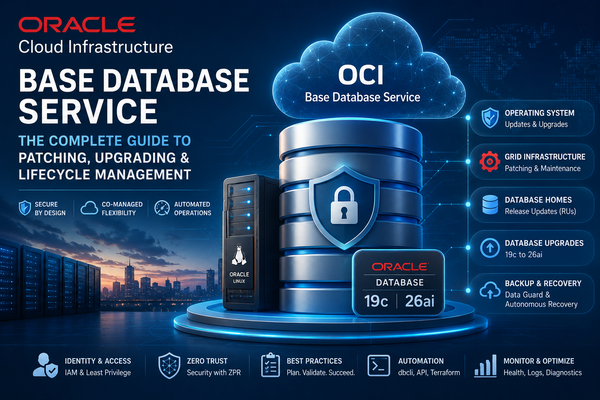 3D illustration of OCI Base Database Service architecture showing OS updates, Grid Infrastructure maintenance, database upgrades from 19c to 26ai, and backup recovery.