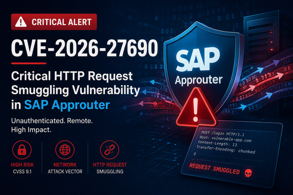 Security illustration depicting CVE-2026-27690, a critical HTTP Request Smuggling vulnerability affecting SAP Approuter deployments.